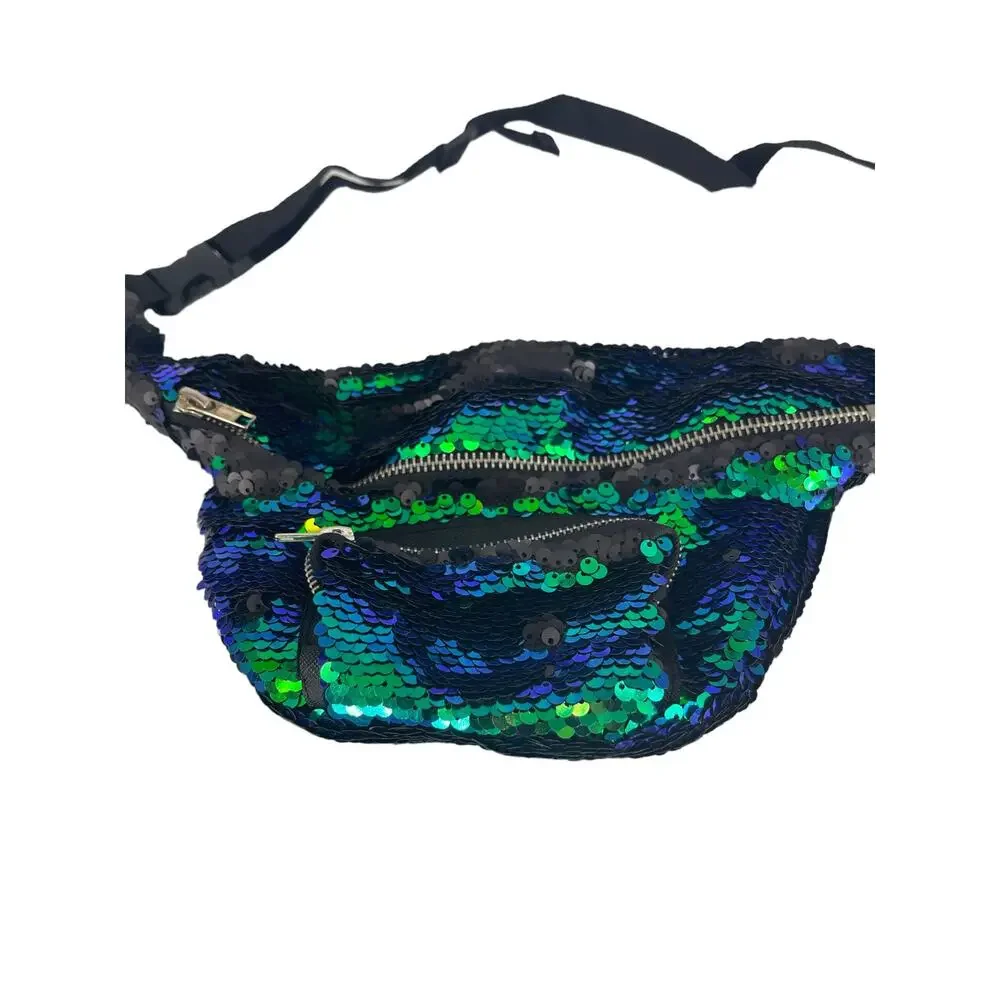 Girls Green & Blue Sequined Zip-Top Fanny Pack Belt Bag